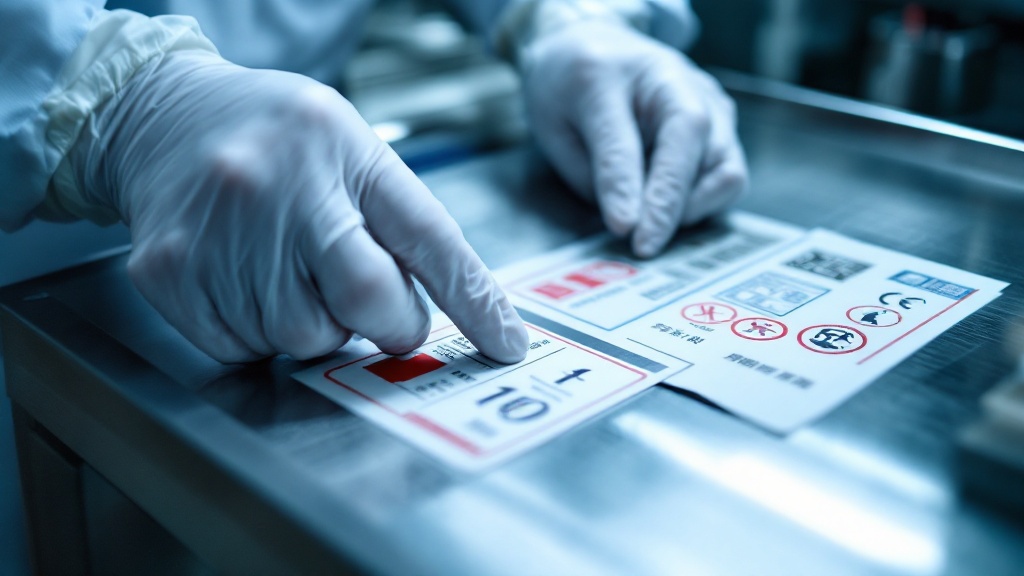Gloved hands inspecting food packaging labels and certification seals on stainless steel table