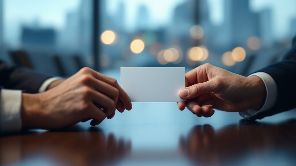 Close-up of hands carefully presenting a business card with both hands on a dark conference table in a Tokyo office
