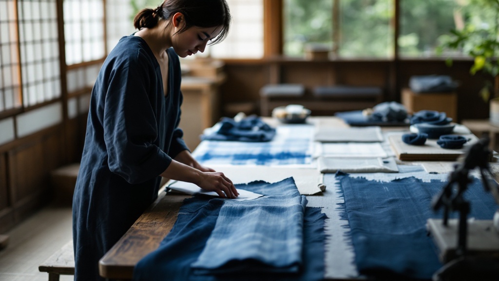 Examining Japanese indigo textiles alongside European fabric samples in a traditional Kyoto workspace
