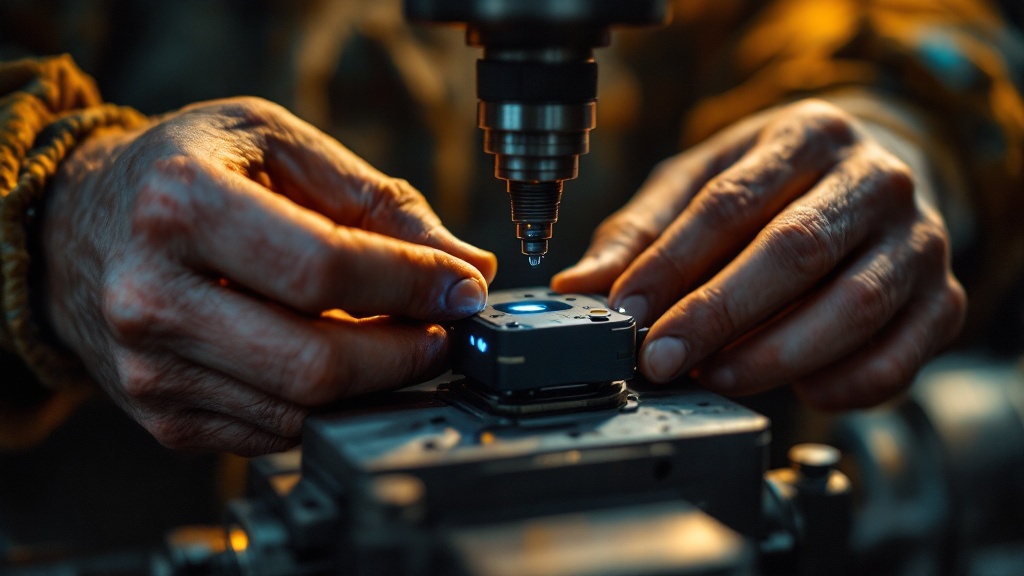 Hands installing a small IoT sensor onto a legacy CNC lathe in a Japanese workshop