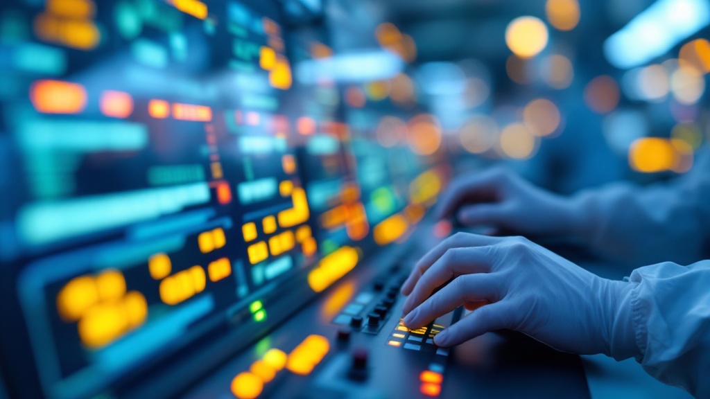 Hands operating control panels inside a semiconductor fabrication clean room with blue ambient lighting