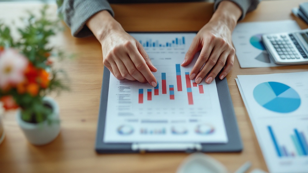 Hands organizing budget documents and a calculator on a wooden desk with blurred financial charts