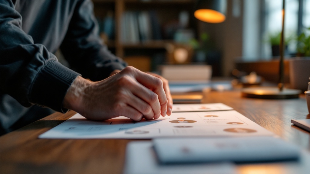 Hands arranging startup evaluation cards on a walnut desk under warm directional lighting in a Japanese office