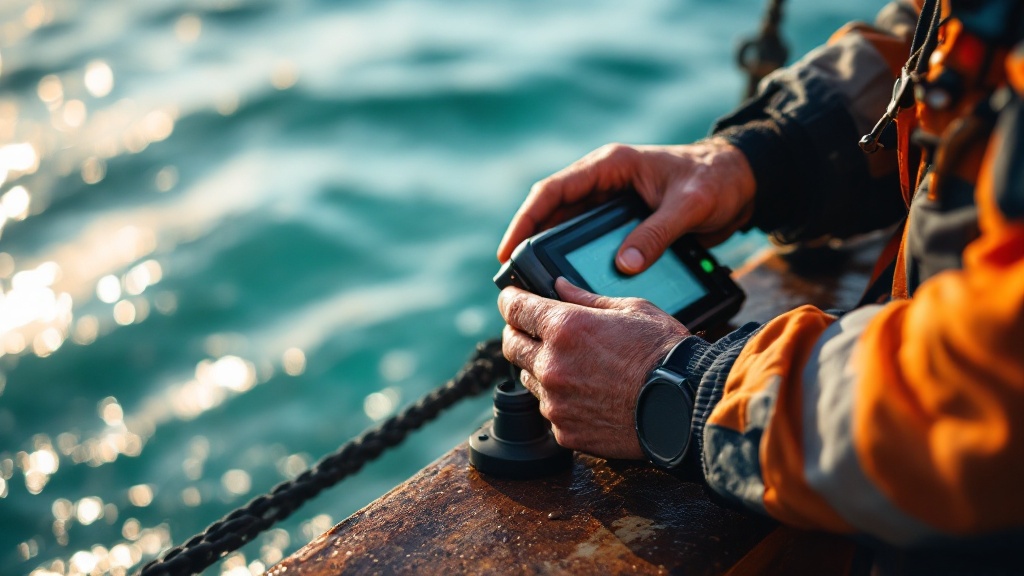 Hands adjusting sonar monitoring equipment on a Japanese tuna farming pen