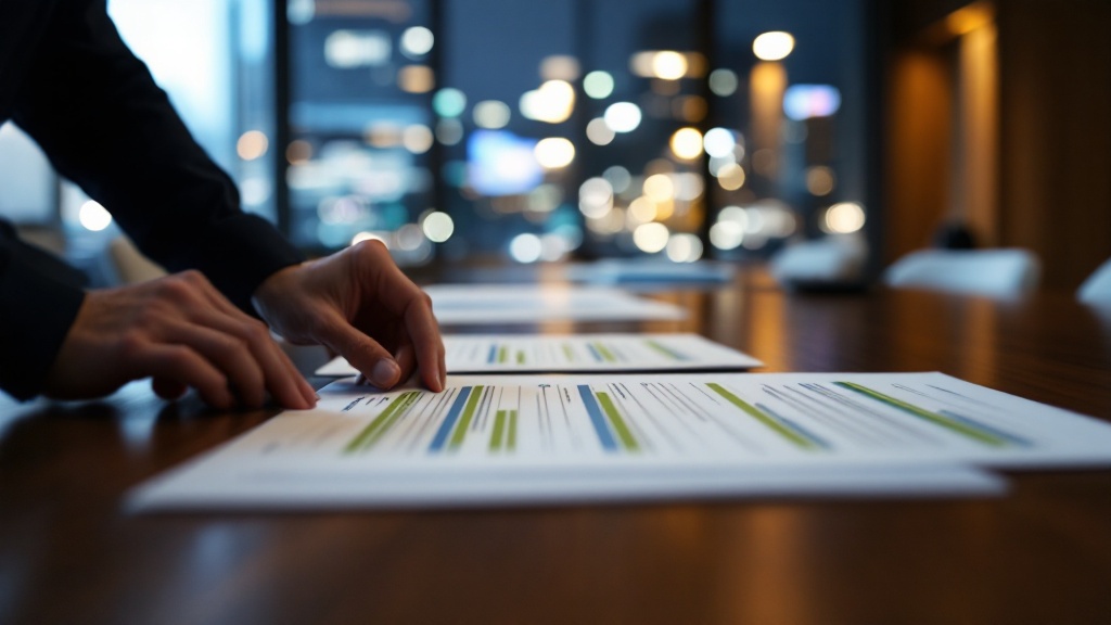 Hands arranging vendor evaluation documents on a dark walnut table in a modern Japanese office with blurred city lights in background