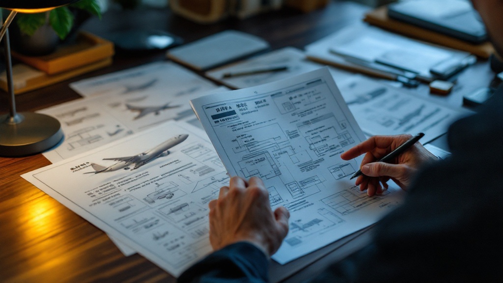 Japanese and English aerospace documents spread across a desk in a Tokyo office