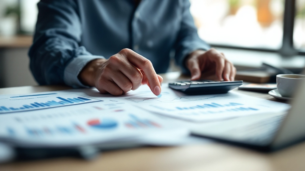Hands reviewing financial documents and calculator on a Japanese office desk