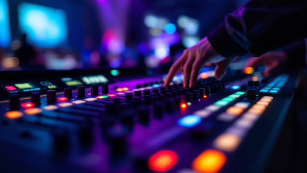 Hands operating a professional audio mixing console at a Japanese corporate event venue