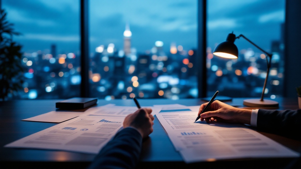 Hands reviewing evaluation documents on a wooden desk in a Tokyo office at blue hour