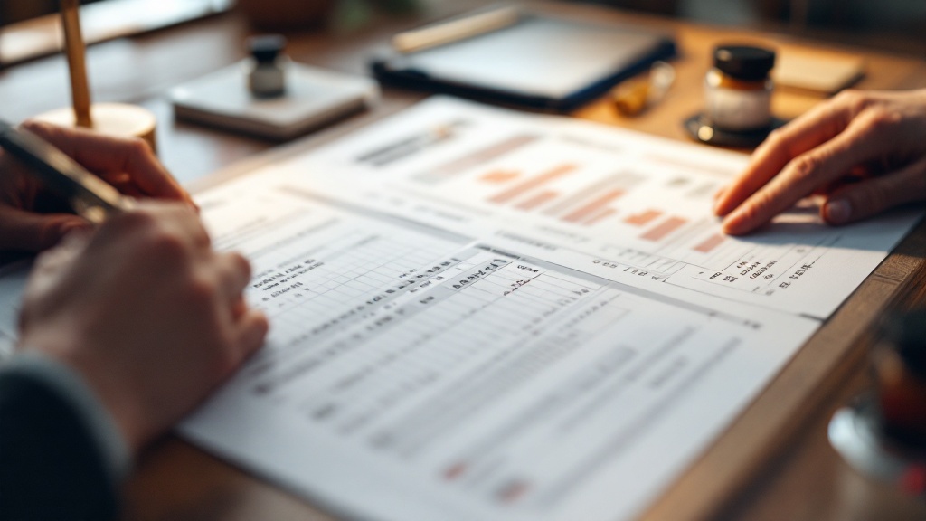 Hands reviewing grant documents and financial spreadsheets on a Japanese wooden desk under warm lamp light