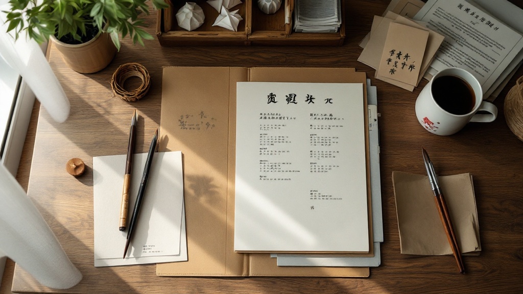 Overhead view of a desk with Japanese calligraphy brushes, documents, and tea during project research