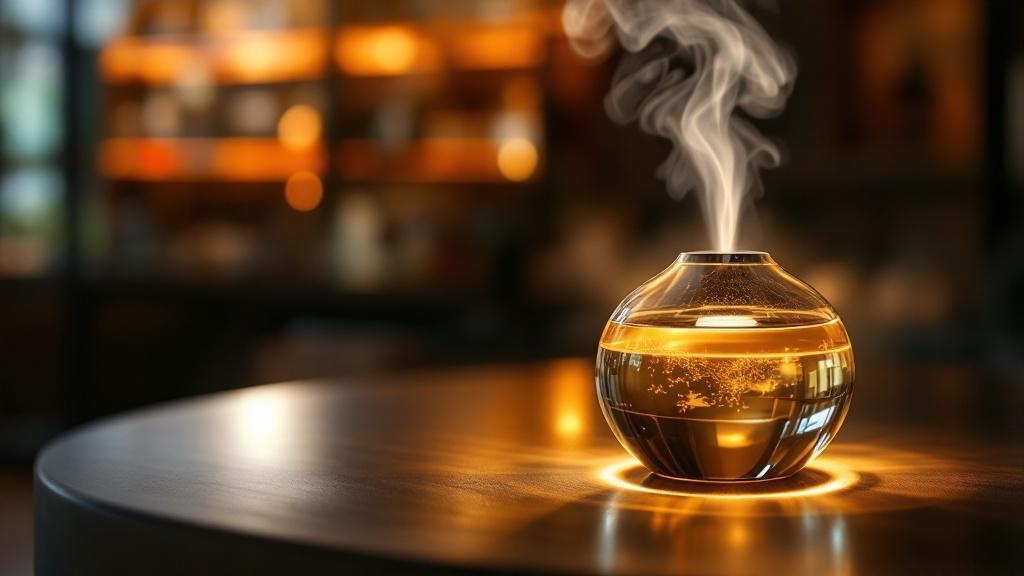 Glass scent diffuser releasing subtle mist vapor in a minimalist Japanese retail environment with warm backlighting