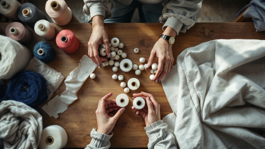 Hands examining recycled polyester yarn and organic cotton on a Japanese workshop cutting table