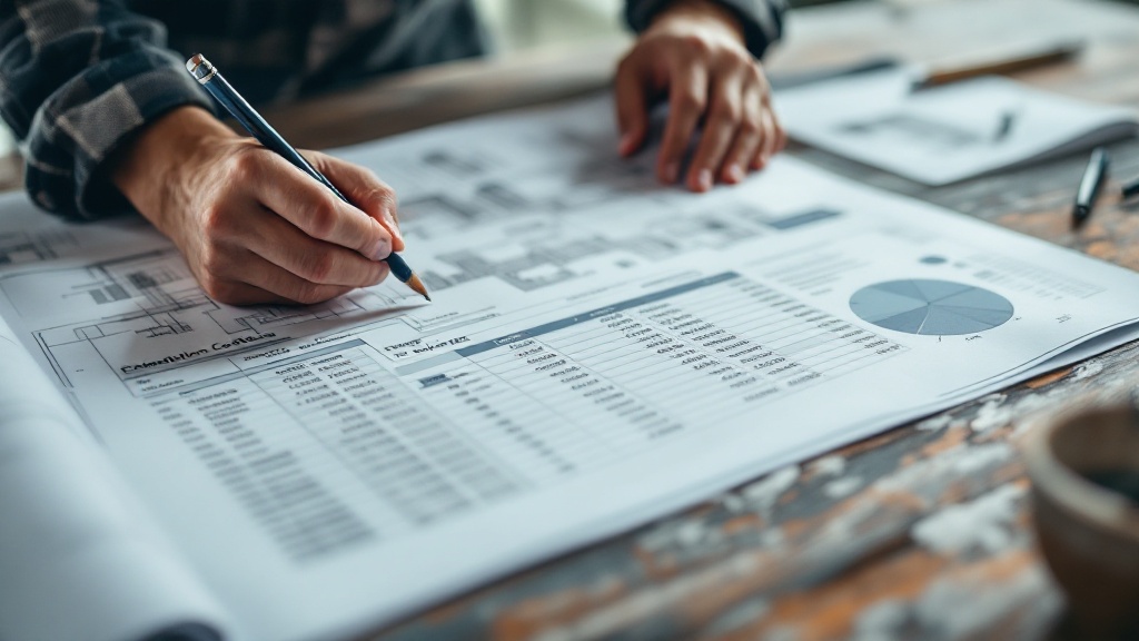 Hands reviewing architectural blueprints and cost documents on a wooden desk in natural light