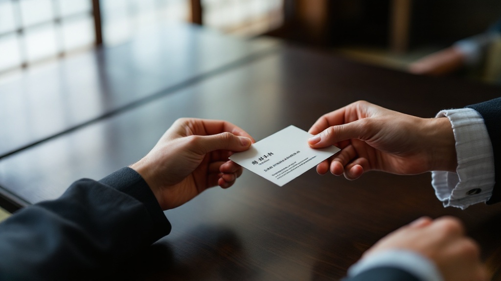 Close-up of hands exchanging business cards over a dark table in a Japanese-style room
