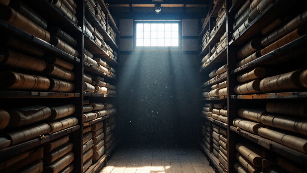 Traditional Japanese archive room with wooden storage boxes and silk-wrapped scrolls illuminated by a single beam of natural light