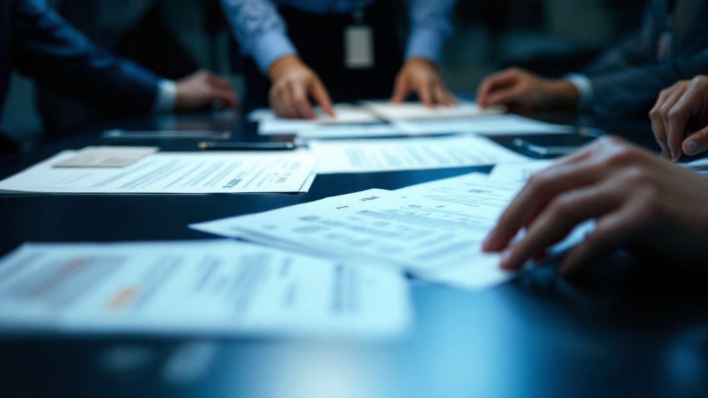 Hands reviewing official Japanese regulatory documents and event credentials on a conference table