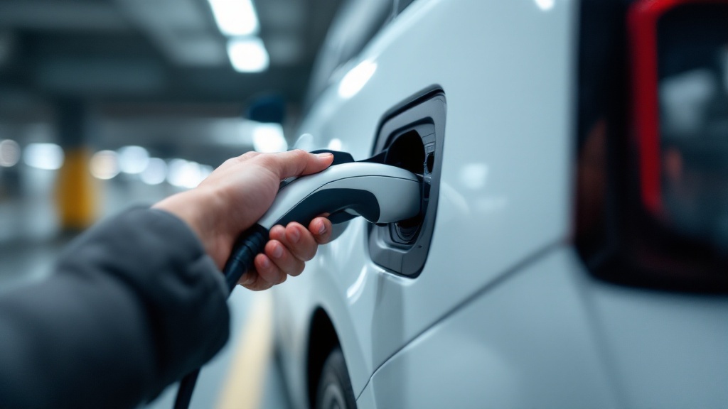 Hand connecting a CHAdeMO fast-charging plug to a compact electric kei car in a Tokyo parking garage