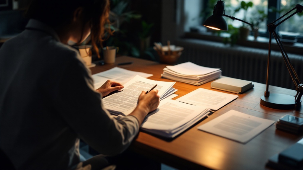 Over-the-shoulder view of a person reviewing regulatory documents on a wooden desk in a Japanese office