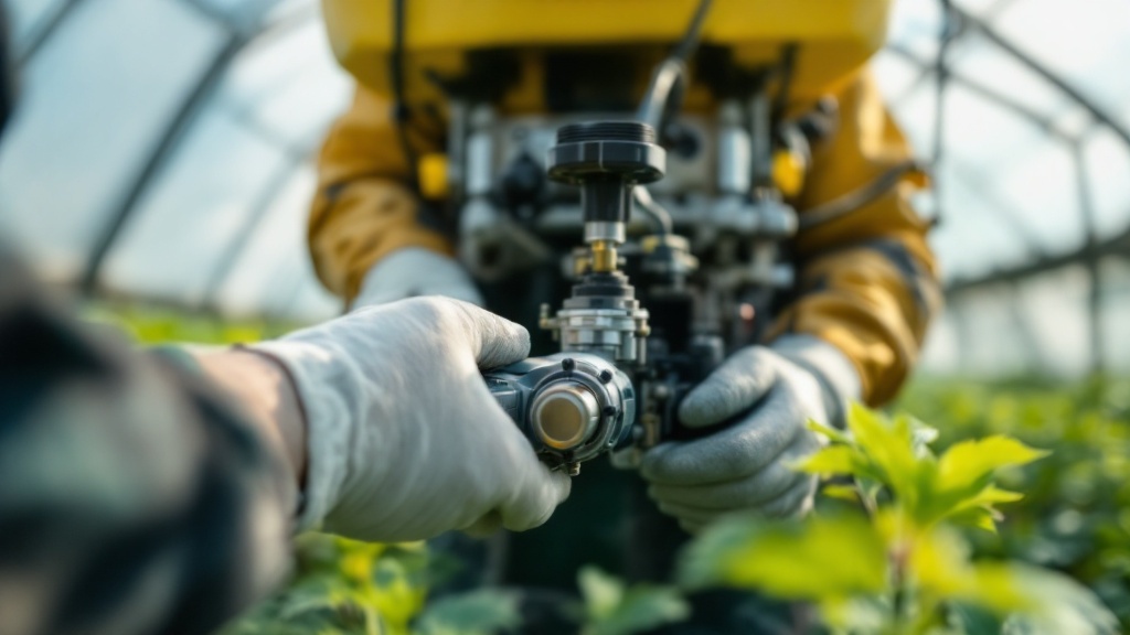 Gloved hands adjusting a precision pesticide spraying nozzle on agricultural equipment inside a Japanese greenhouse