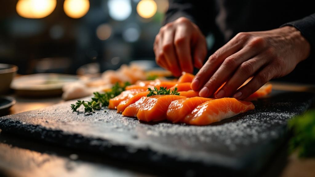 Close-up of hands styling sashimi on a slate board in a professional Tokyo photo studio