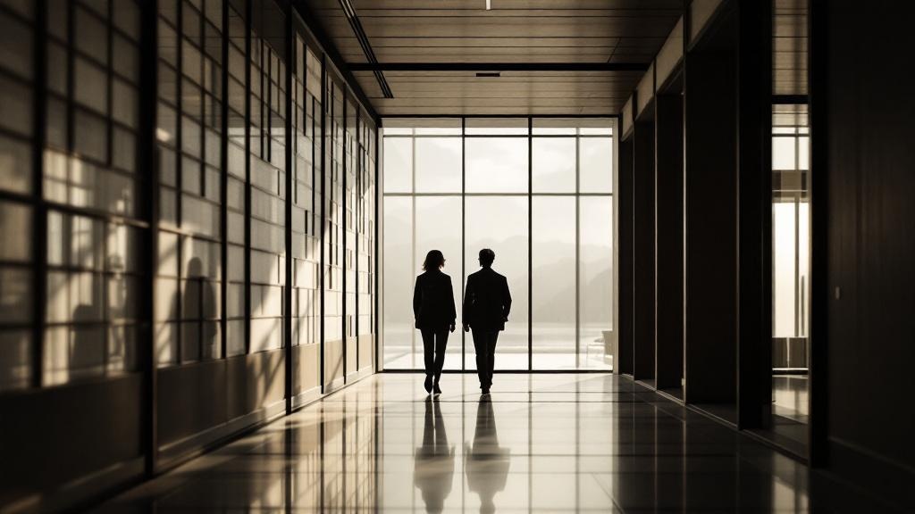Silhouettes walking through a corridor blending traditional Japanese shoji screens with modern glass architecture