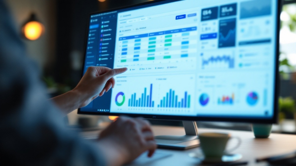 Close-up of hands interacting with a blurred Japanese enterprise software interface on an ultrawide monitor beside a matcha cup