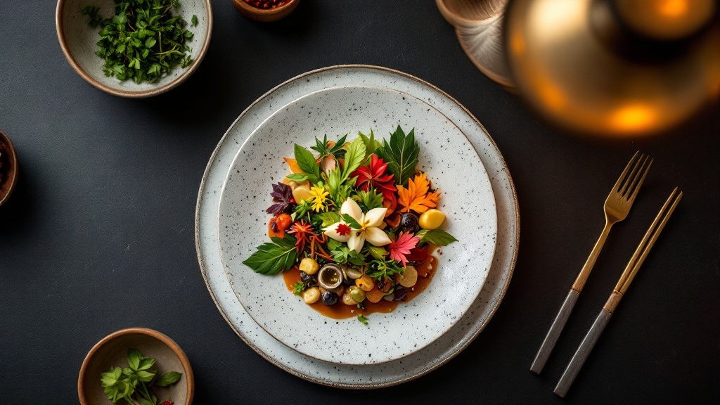 Overhead view of seasonal plant-based dishes artfully arranged on handmade ceramics in minimalist Japanese restaurant
