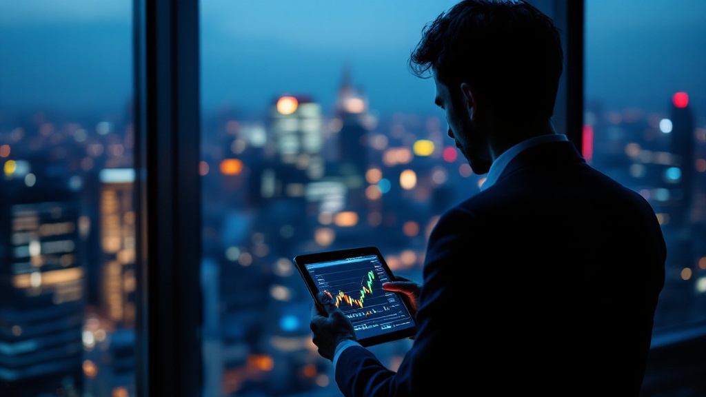 Silhouette of a professional reviewing financial data on a tablet in a Tokyo high-rise office at dusk