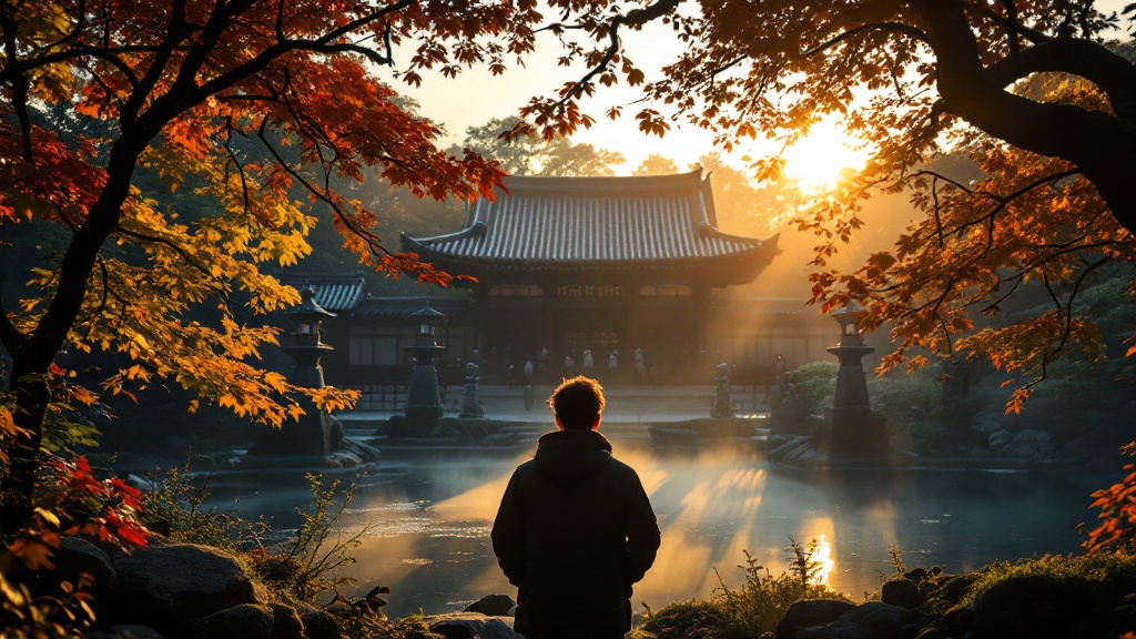 Silhouetted visitors experiencing a historic Japanese temple garden at golden hour