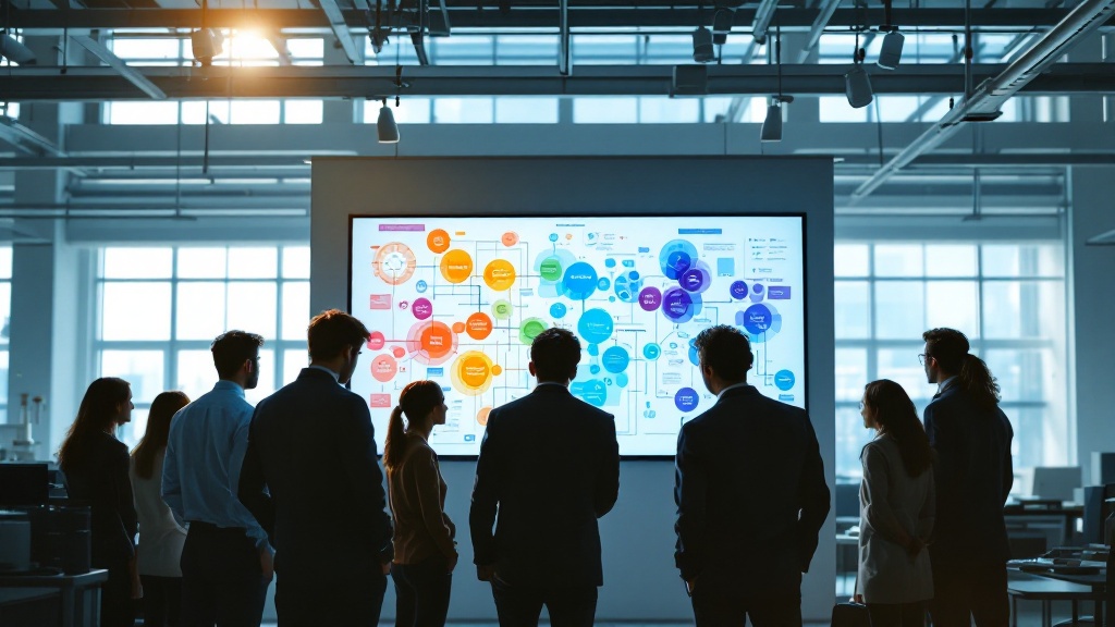 Silhouettes of factory workers reviewing production data on a large display in a bright Japanese facility