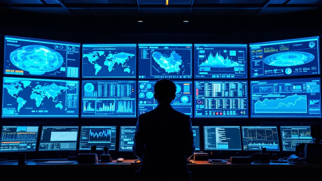 Silhouette of a coordinator monitoring screens with abstract data visualizations in a Tokyo command center