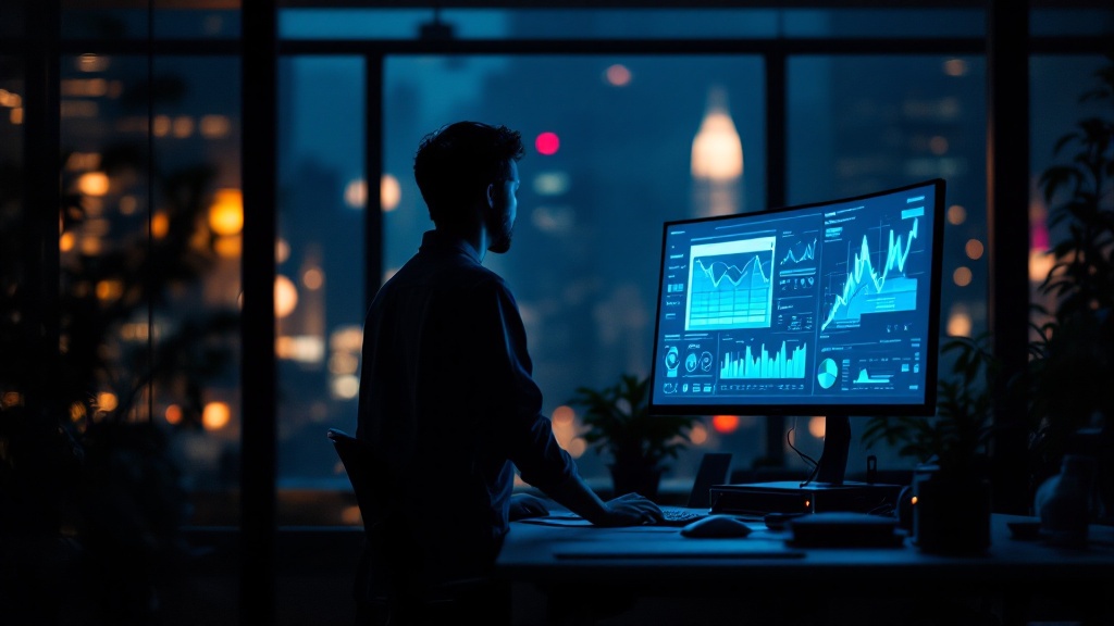 Silhouette of a person at a standing desk viewing abstract data visualizations on a monitor in a Tokyo office
