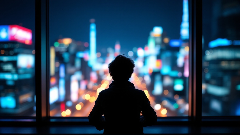 Silhouette of a professional gazing out at Tokyo's illuminated skyline at night from a high-rise office