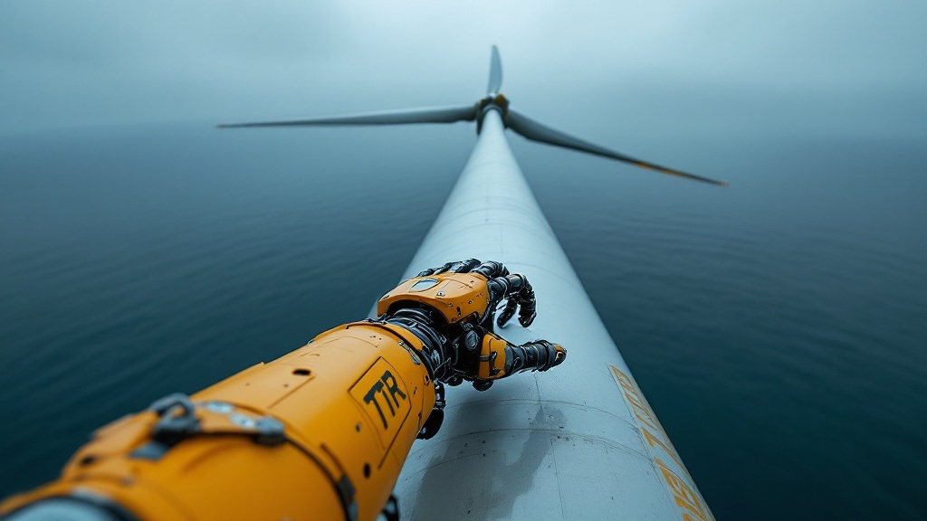 Biomimetic climbing robot attached to an offshore wind turbine tower above the sea