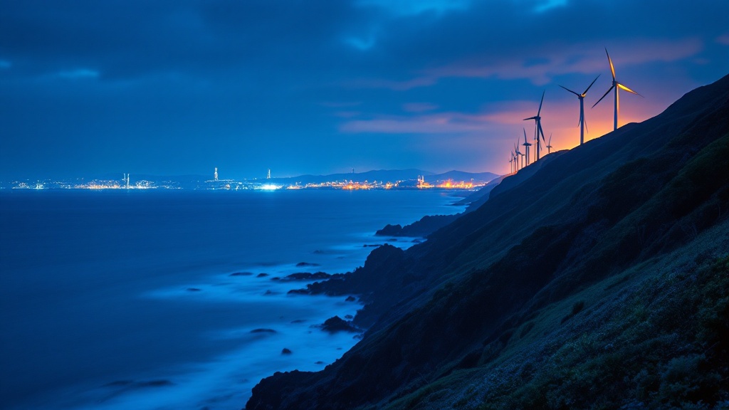 Wind turbines along a Japanese coastal ridge at twilight with city lights in the distance