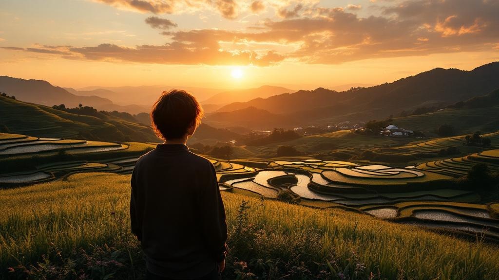 Silhouette overlooking restored Japanese satoyama landscape with terraced rice paddies at sunset