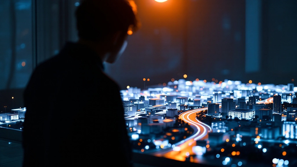 Silhouette of a person examining an illuminated scale model of a Japanese urban development with glowing fiber optic data network lines