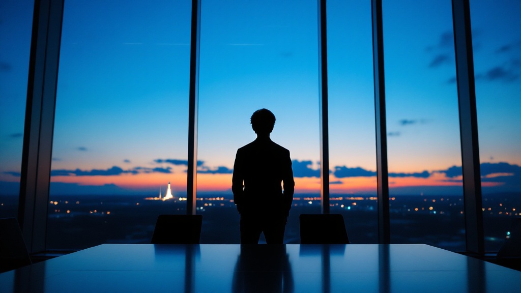 Silhouette viewing a launch facility through conference room windows at twilight
