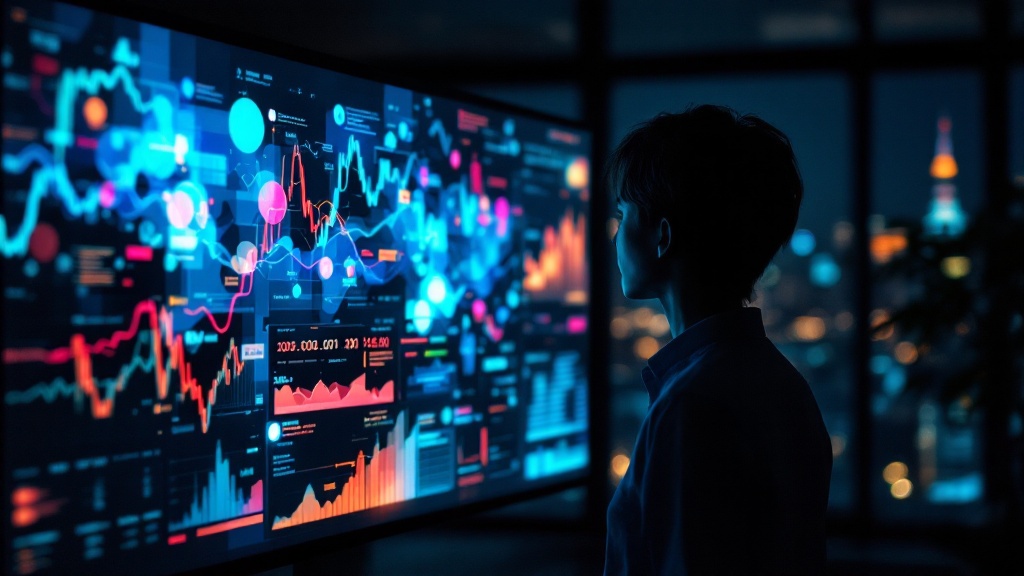 Silhouette viewing abstract data visualizations on a monitor in a Tokyo office at night