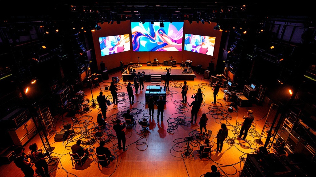 Overhead view of hybrid event production infrastructure with monitors and equipment in a Tokyo venue