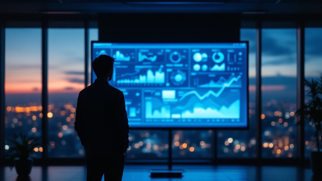 Silhouette of a presenter before a screen showing abstract data visualizations in a modern Japanese conference room