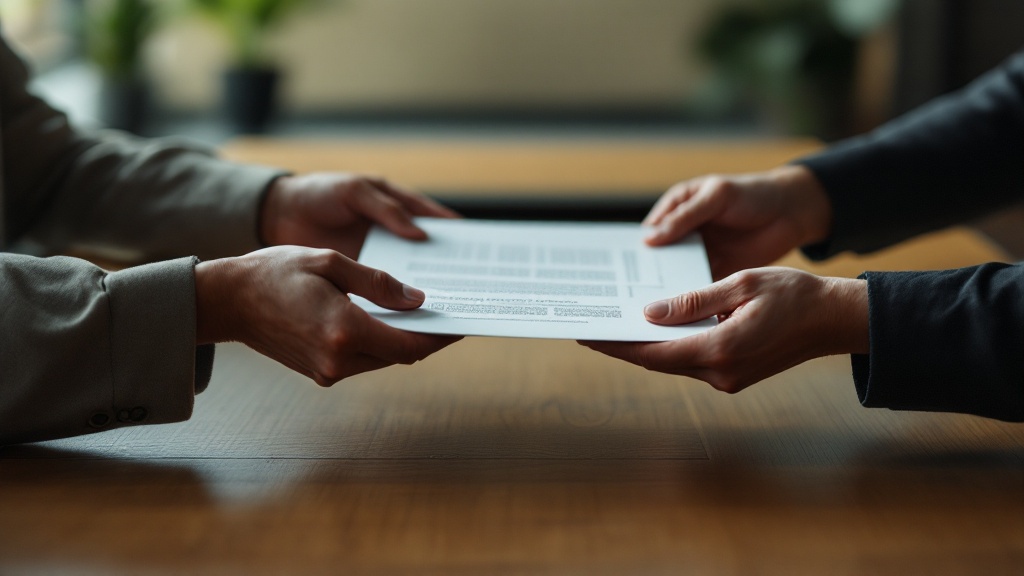 Two pairs of hands exchanging a training proposal across a Japanese-style conference table