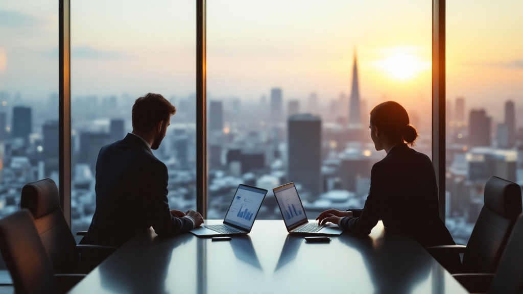Silhouettes of two professionals overlooking Tokyo cityscape from a high-rise office at golden hour