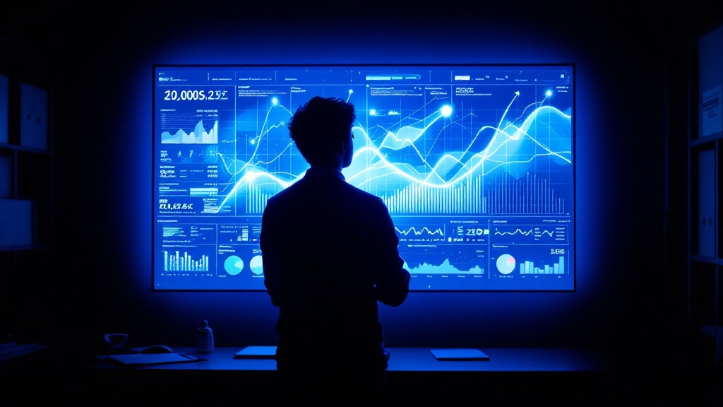 Silhouette of a person studying abstract data visualizations on a large display in a modern Tokyo office