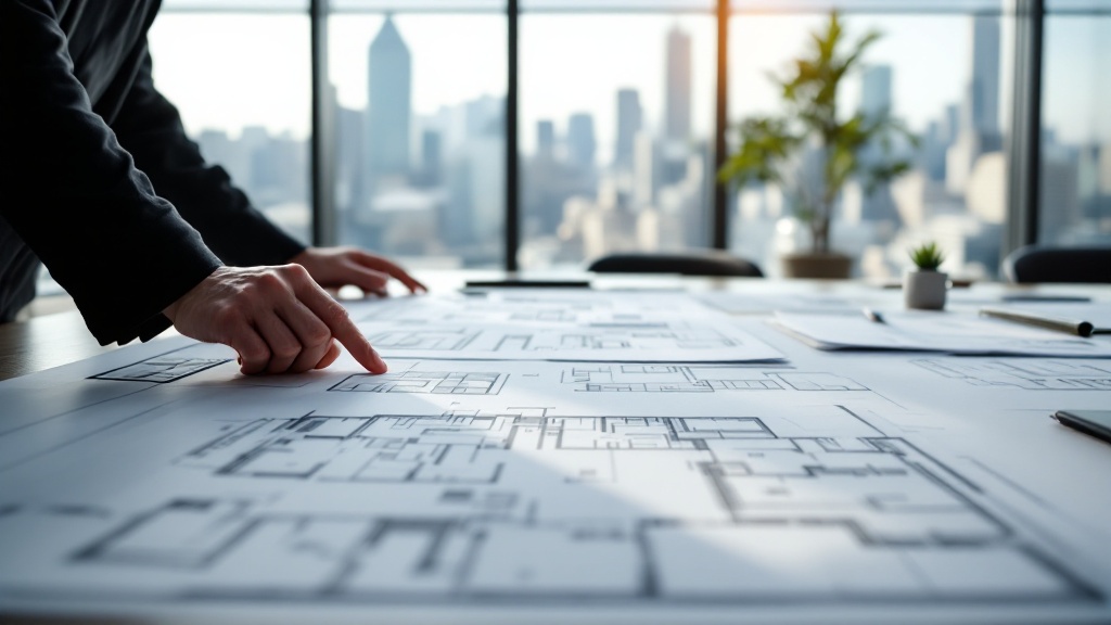 Hands arranging event layout plans on a table in a Tokyo office with city skyline in background