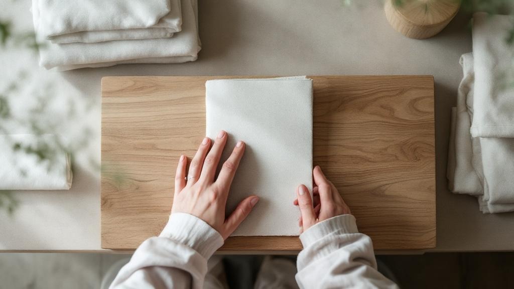 Hand touching natural linen and raw wood material samples on a minimalist retail display table in soft daylight