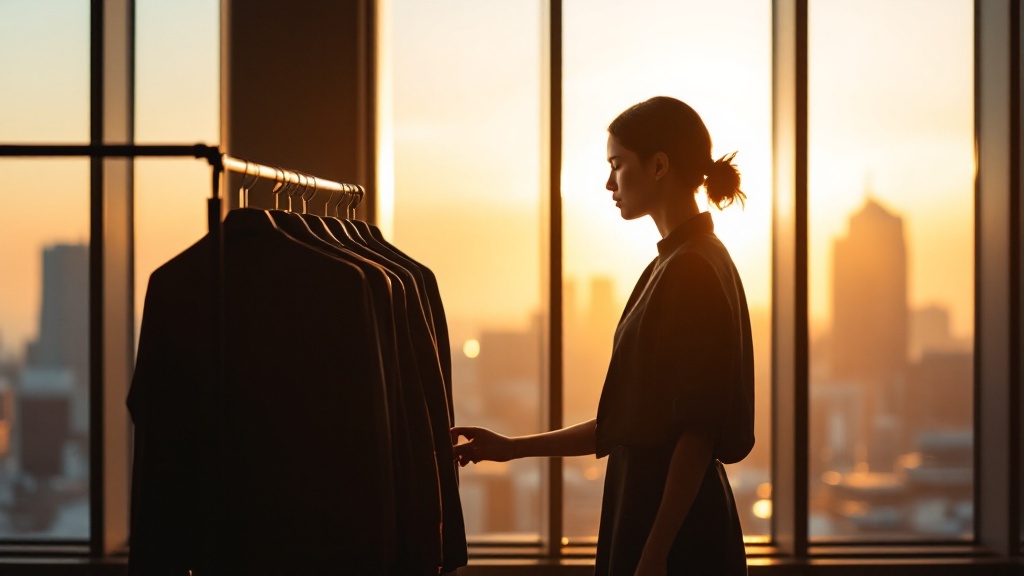Silhouette reviewing garment samples in a sunlit Tokyo showroom at golden hour