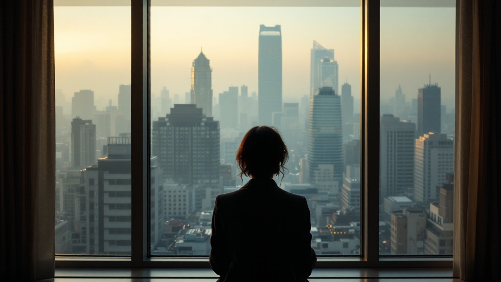 Silhouette looking out at a foggy Tokyo cityscape mixing old and new architecture