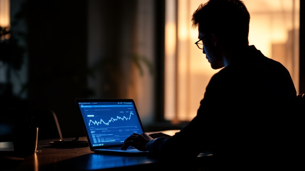 Silhouette of a professional reviewing financial charts on a laptop in a Tokyo office